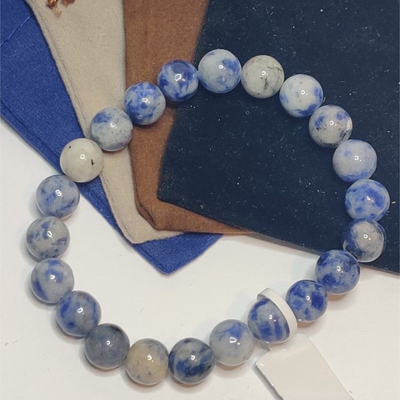 Blue Spot Jasper Stretch Bracelet 8mm round natural stone w/ felt pouch-B820 - Picture 2 of 9